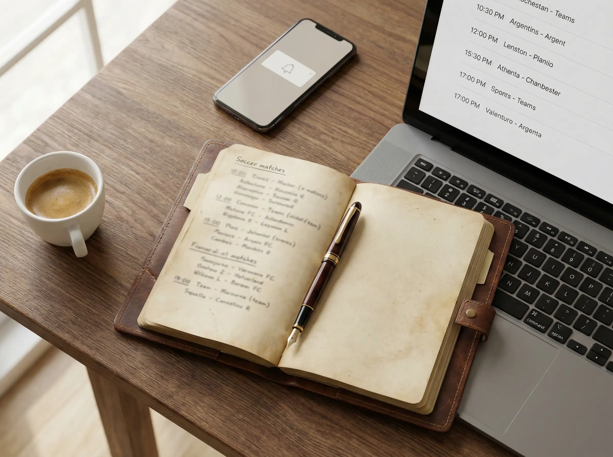 Aficionado consultando los horarios de la Serie A en un portátil con agenda abierta