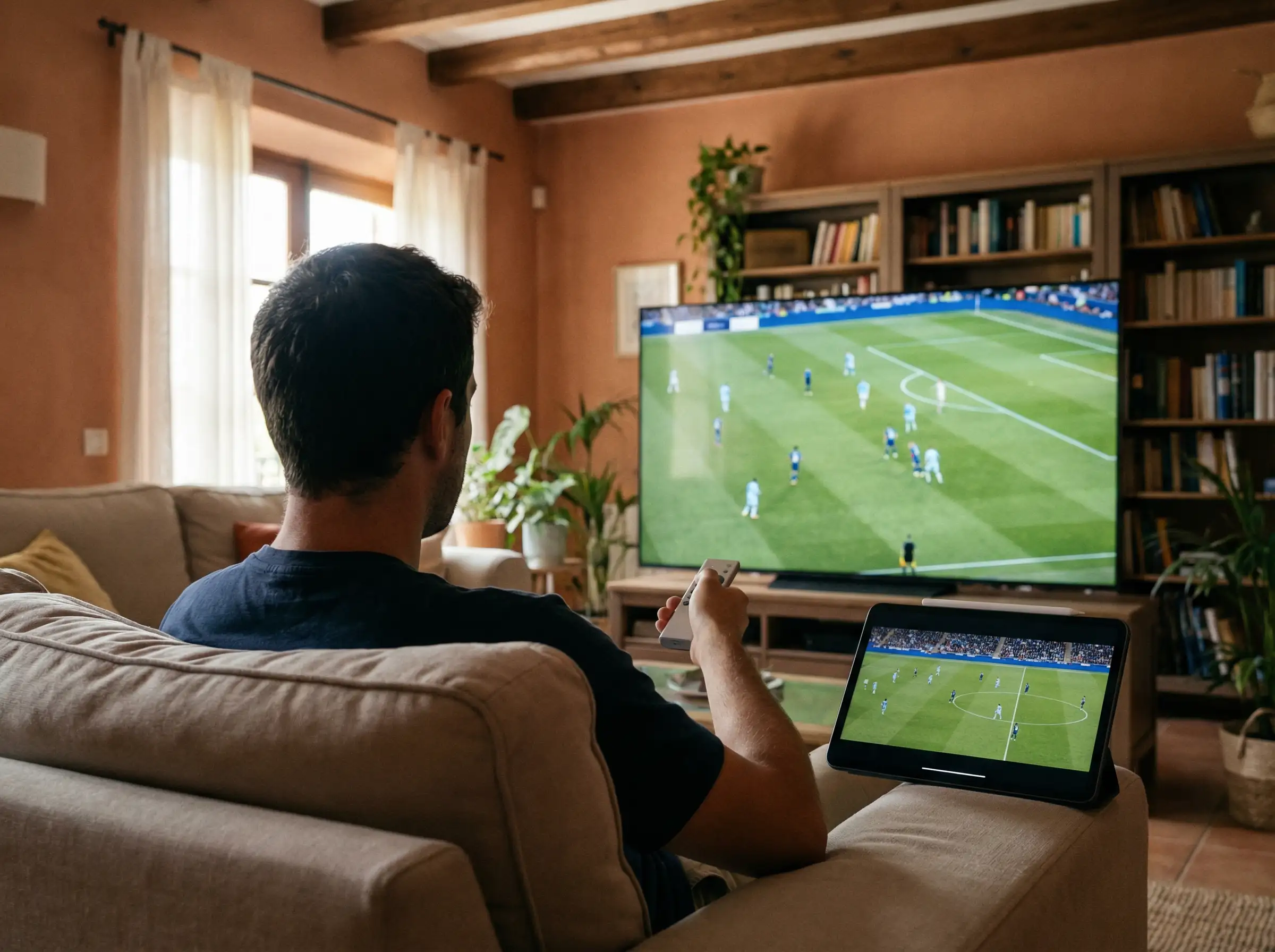 Persona viendo la Serie A en DAZN desde un salón con televisión y móvil